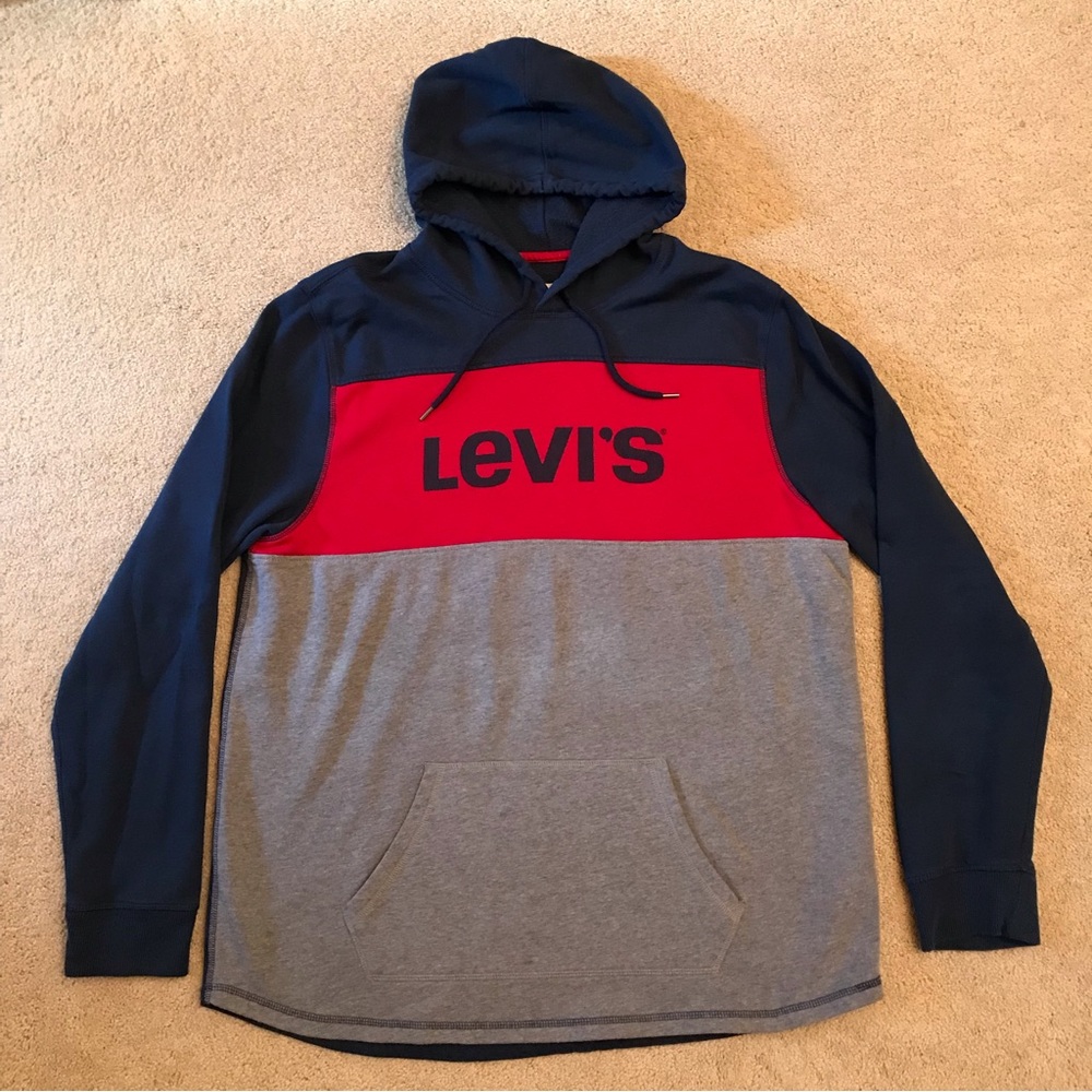 Levis Colorblock Hooded Logo Sweatshirt Size XXL Dark Blue Grey Red Streetwear